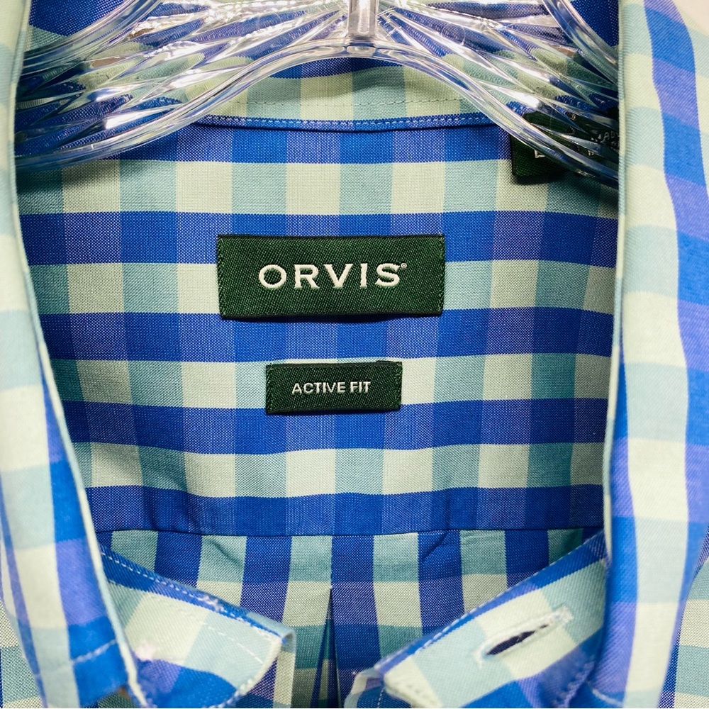 Orvis Short Sleeve Button Down Blue Green Plaid Size L Active Fit Pocket Casual - Picture 5 of 12